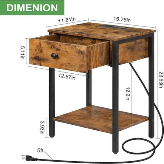 NEX&trade; Rustic Brown Nightstand End Table with USB Ports & Power Outlets {4}