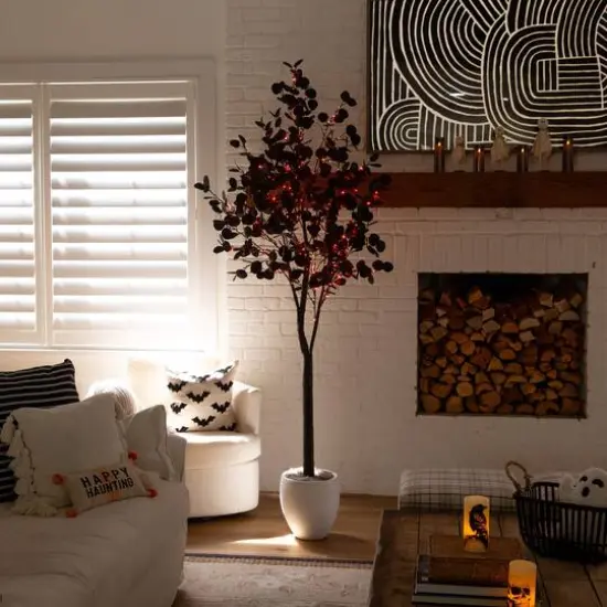 7ft. Pre-Lit Artificial Halloween Black Eucalyptus Tree with 420 Orange & Purple LED Lights {11}