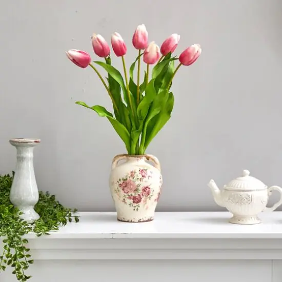 22" Pink Dutch Tulip Arrangement in Flower Print Jar {4}