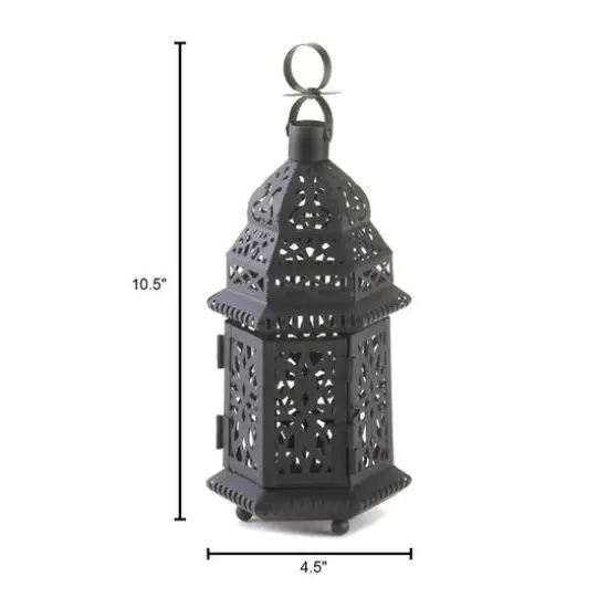 10.5" Black Metal Moroccan Style Candle Lantern with Intricate Cutouts {5}