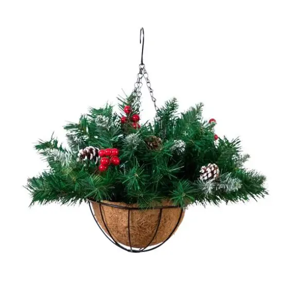 16" Artificial Pine & Berry Warm White LED Pre-Lit Hanging Basket {7}