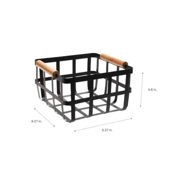 Simplify Small Square Black Metal Basket with Bamboo Handles {3}
