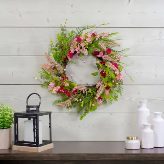 21" Pink Spring Floral Foliage & Berry Twig Wreath {3}