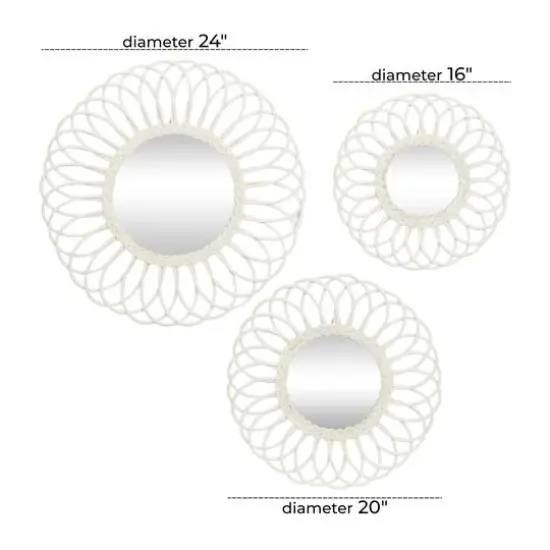 White Woven Rattan Round Wall Mirrors Set {7}