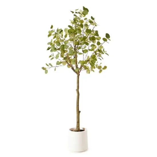 American Art Decor 5ft. Realistic Artificial Eucalyptus Tree Faux Plant in a White Pot  {1}