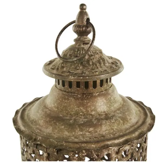 Brown Distressed Ornate Floral Candle Lantern Set {4}