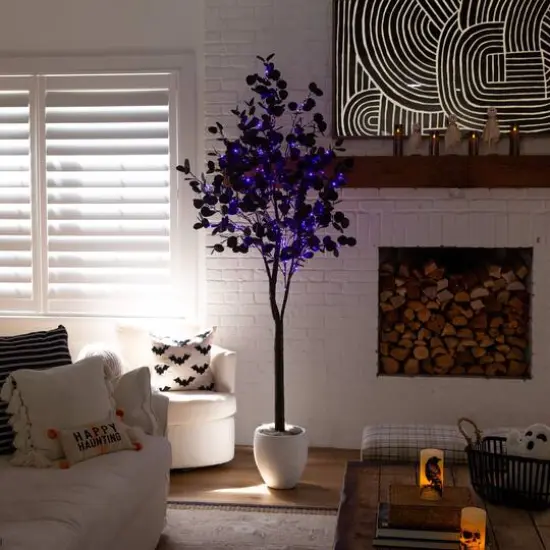 7ft. Pre-Lit Artificial Halloween Black Eucalyptus Tree with 420 Orange & Purple LED Lights {12}