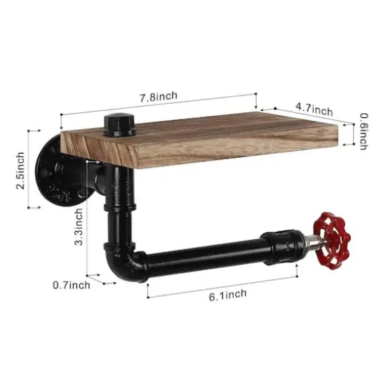 Dark Brown Industrial Wall-Mounted Rustic Toilet Paper Holder with Wood Shelf {3}