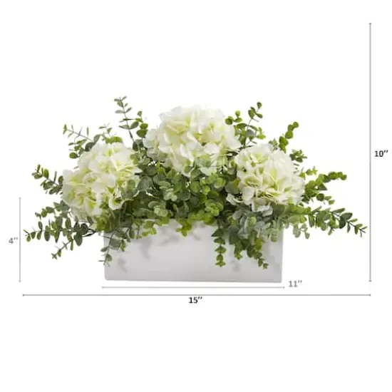 15" Hydrangea & Eucalyptus Artificial Arrangement In White Vase {3}
