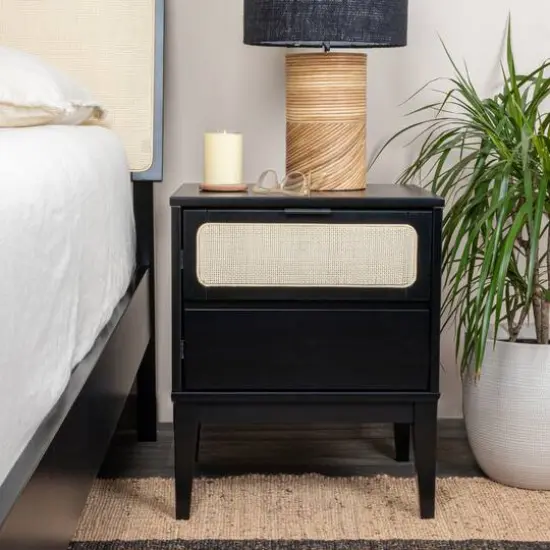 Hello Honey® Crawford 24" Nightstand with Storage Drawers and Natural Woven Cane Detail Black Satin and Natural {3}