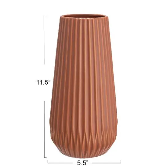 Hello Honey&reg; 11.4" Matte Terra Cotta Round Stoneware Fluted Vase with Embossed Lines {4}