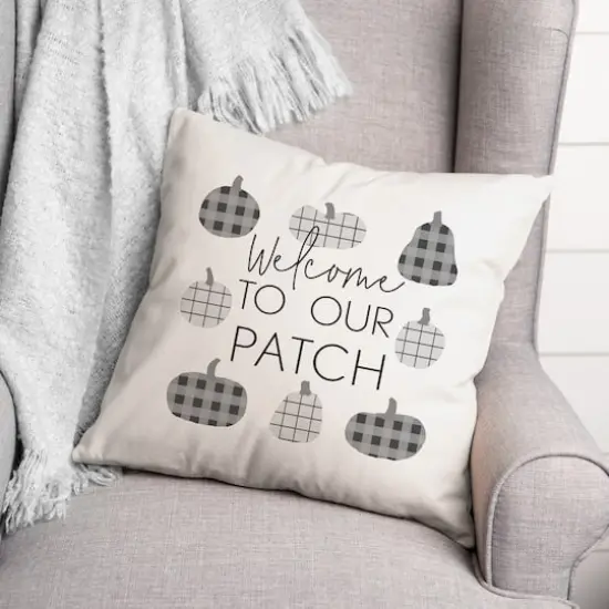 Gray & White Welcome Checkered Pumpkins Throw Pillow {3}