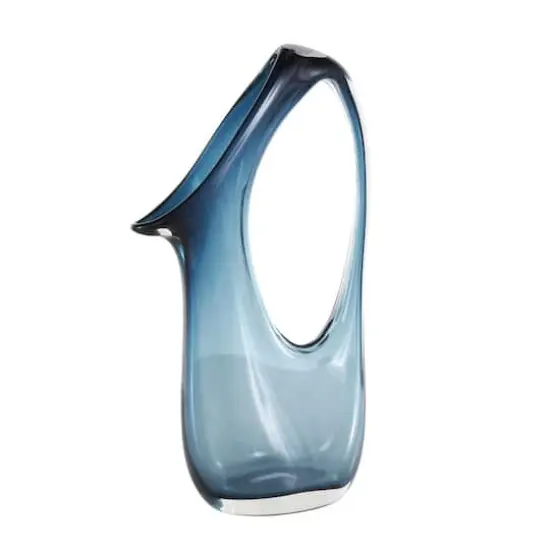 Blue Abstract Glass Vase with Cutout Handle & Elongated Opening Ombre Blue {5}