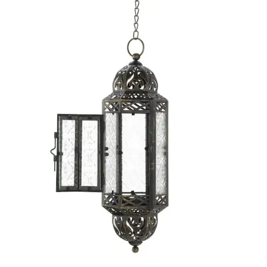 13" Antique Victorian Black Filigree Embellished Hanging Candle Lantern {4}