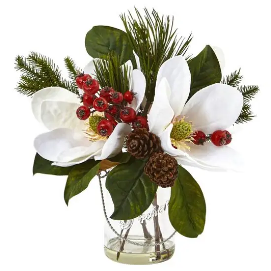 12" Magnolia, Pine & Berry Arrangement in Glass Vase {1}