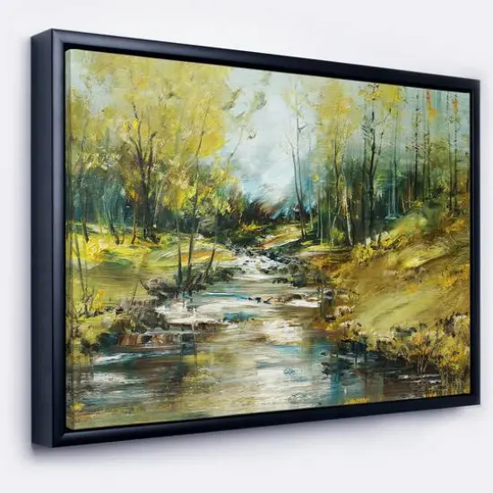 Designart - Creek in the Forest Oil Painting - Landscape Painting Canvas Print in Black Frame {1}