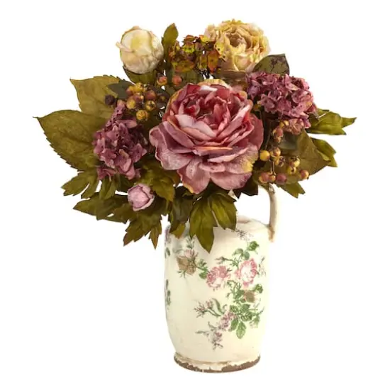 18'' Pink & Yellow Peony Arrangement in Floral Pitcher {1}