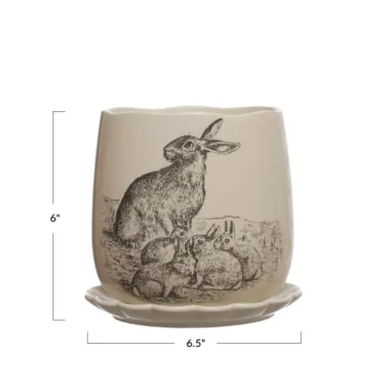 Hello Honey&reg; 6.5" Round Rabbit Stoneware Planter & Scalloped Saucer {5}
