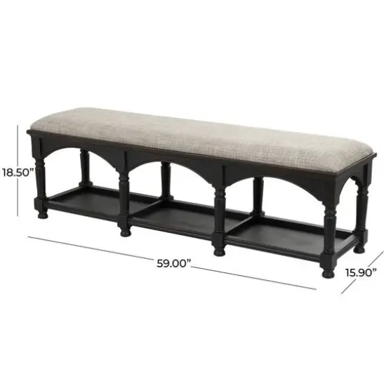 59" Black & Beige Fabric Arched Storage Bench with Traditional Turned Legs {8}