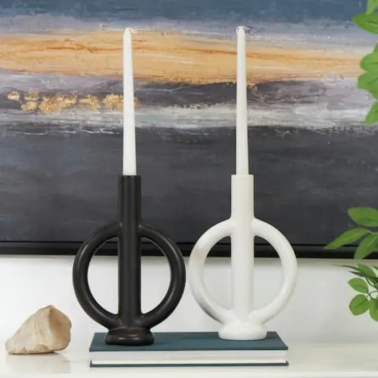 CosmoLiving by Cosmopolitan 10" Black & White Ceramic Geometric Ring Taper Candle Holder Set {3}
