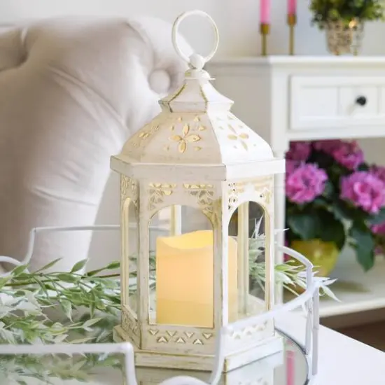 Kate Aspen White LED Hexagon Distressed Lantern Set {4}