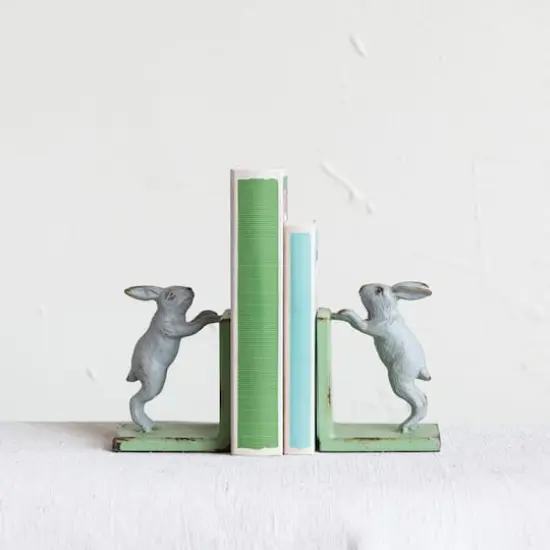 Hello Honey&reg; 6" Gray & Green Iron Rabbit Bookends Set {3}