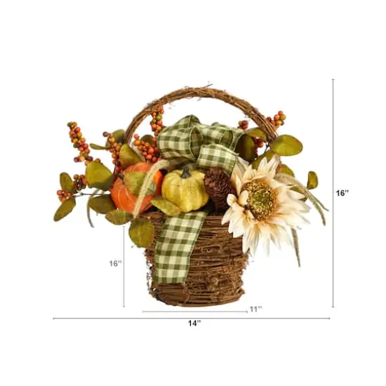 16" Pumpkin, Gourds & Berries Autumn Arrangement In Twig Basket {3}