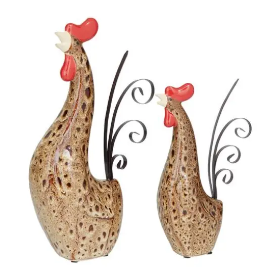 Cream Ceramic Farmhouse Rooster Garden Sculpture Set {3}