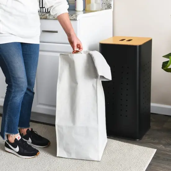 Household Essentials Square Metal Hamper with Wooden Lid Black {4}