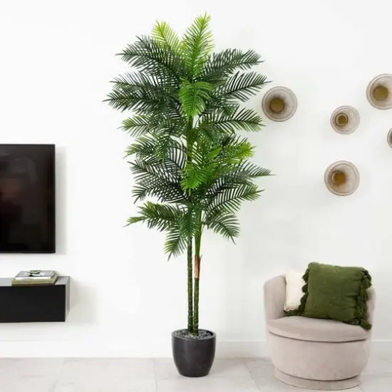9ft. Potted Green UV Resistant Artificial Double Robellini Palm Tree {8}