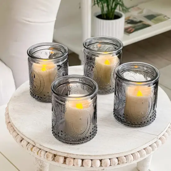 Kate Aspen&reg; Vintage Smoke Gray Glass Tea Light Holder Set {4}