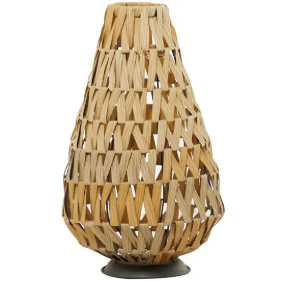 19" Light Brown Plastic Rattan Handmade Candle Lantern with Wrapped Zig Zag Design {6}