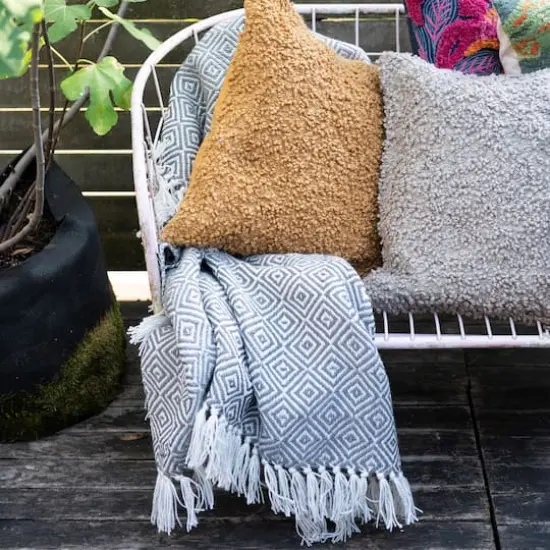 Hello Honey&reg; Charcoal & Cream Geometric Hand-Woven Reclaimed Fabric Throw with Fringe {6}