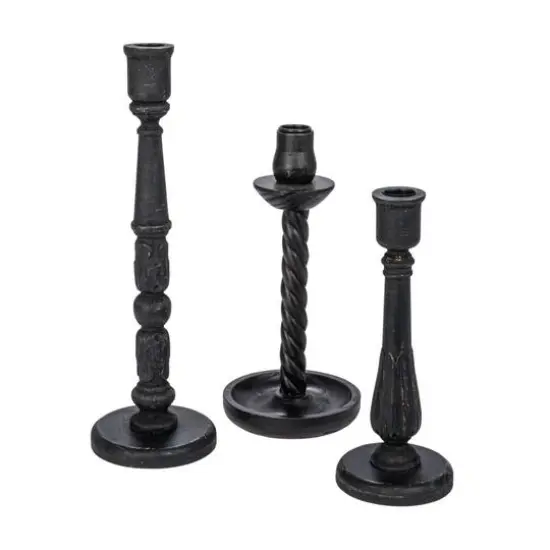 Hello Honey&reg; Round Black Wood Taper Candle Holder Set {1}