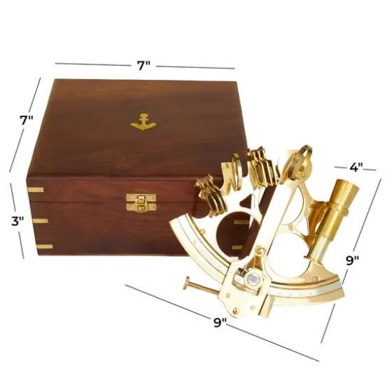 7" Gold Brass Sextant Compass with Decorative Wood Box {9}