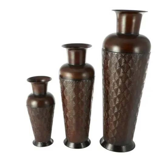 Dark Brown Metal Tall Vase Set with Geometric Designs {9}