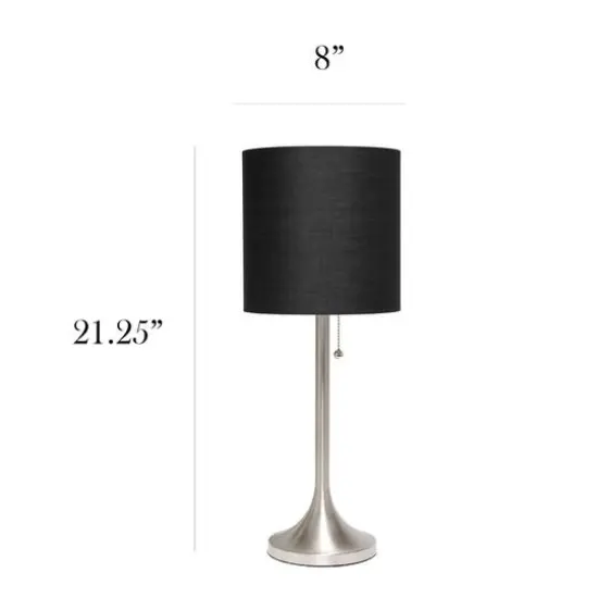 Simple Designs 21.5" Tapered Brushed Nickel Table Lamp with Fabric Drum Shade Black {4}