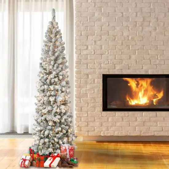 7.5ft. Pre-Lit Acacia Pencil Slim Flocked Artificial Christmas Tree, Clear Lights {3}