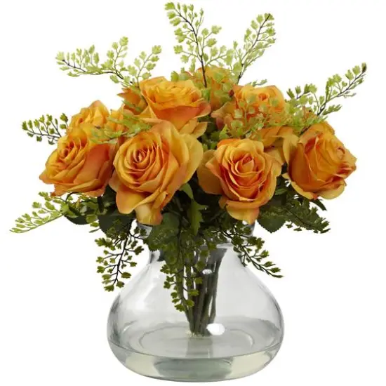 14" Orange & Yellow Rose with Maidenhair Floral Arrangement in Vase {1}