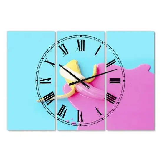 Designart 'Pink And Blue Banana Large Modern Multipanel Wall Clock {1}