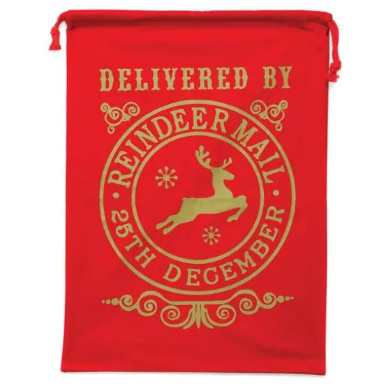 19" x 26" Delivered By Christmas Red Cotton Drawstring Bag {1}