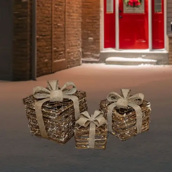Lighted Rattan Gift Boxes with Burlap Bows Tabletop Christmas Decorations Set {5}