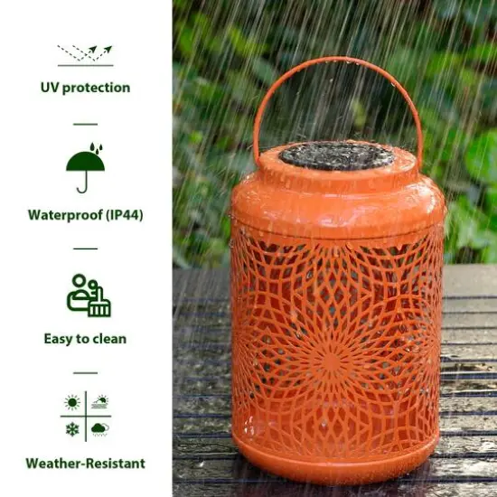 Glitzhome&reg; 8.75" Metal Cutout Solar Powered Hanging Lantern Set Orange {7}
