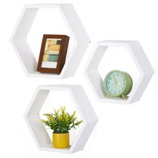 NEX&trade; White Wall-Mounted Hexagon Floating Shelves Set {1}