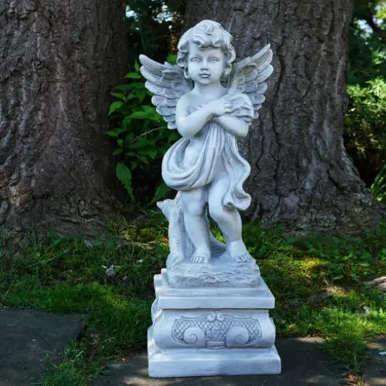 28.75" Gray Standing Cherub Angel on Pedestal Outdoor Statue {3}