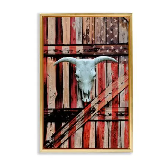 Stupell Industries Patriotic Cow Skull Floater Framed Art Gold {1}