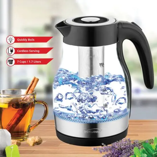 Brentwood 1.79qt. Black Cordless Glass Electric Kettle with Tea Infuser and Swivel Base {4}