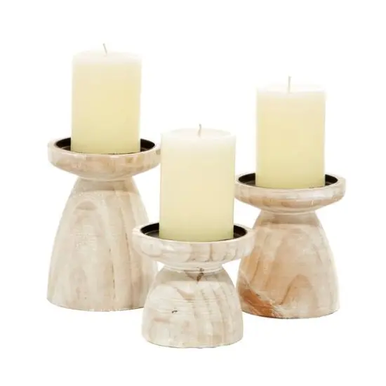 Brown Wood Natural Candle Holder Set {1}