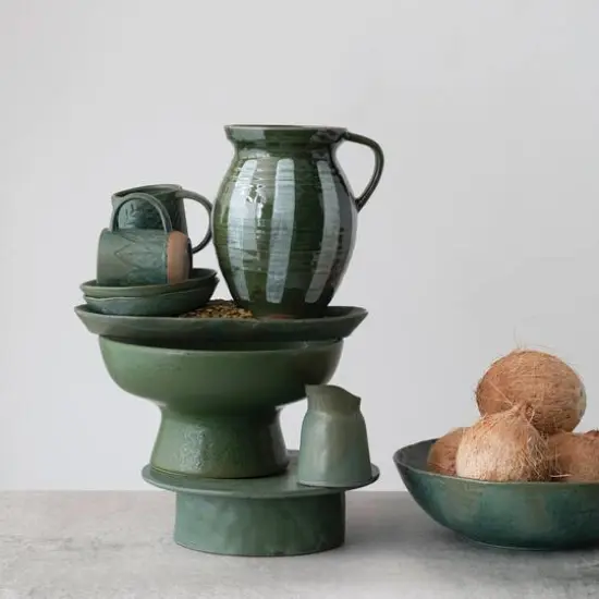 Hello Honey® 10" Green & White Hand Painted Striped Stoneware Pitcher {3}