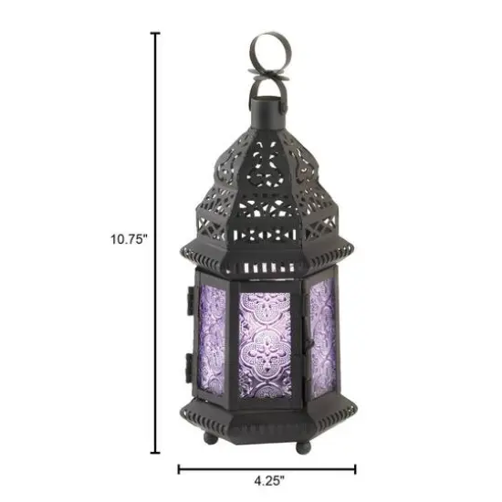 11'' Etched Purple Glass Moroccan Style Hanging Lantern {5}